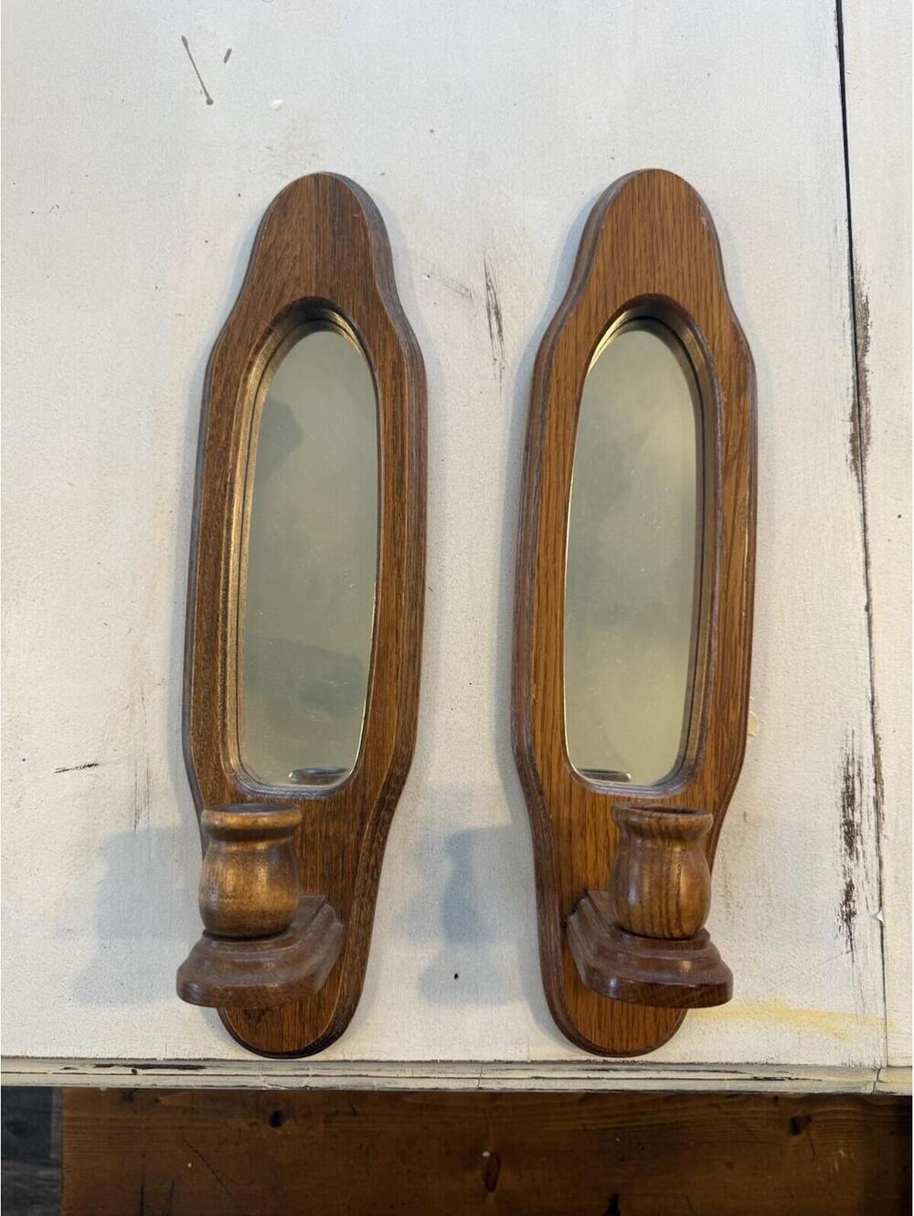 Vtg Home Interiors oak wood mirrored candle stick  wall sconces, country, MCM